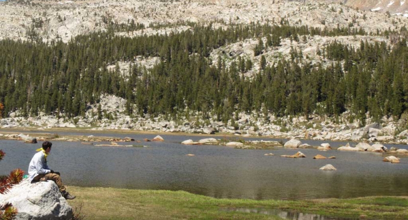 A person sits on a rock near a body of water. The opposite shore is rocky and dotted in evergreen trees. 